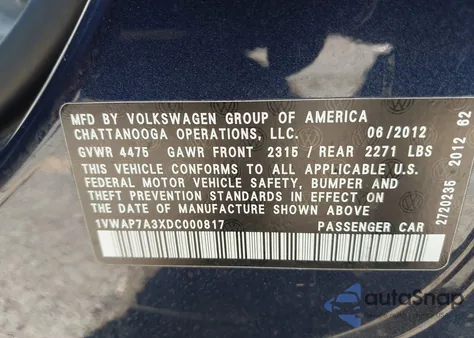 2013 Volkswagen Passat S z USA, uszkodzony, nr VIN 1VWAP7A3XDC000817